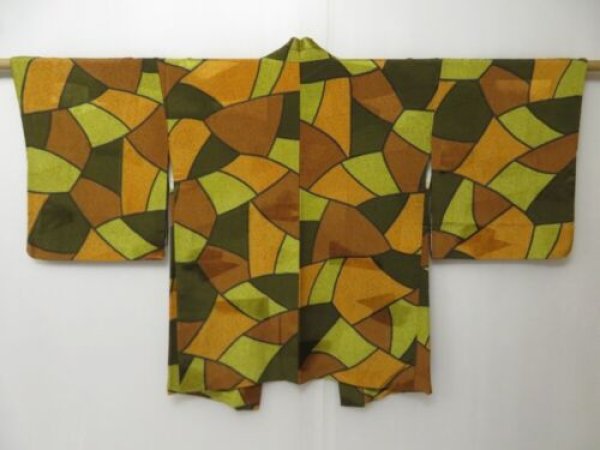 Photo1: 2314T09z540  Japanese Kimono Silk HAORI  Dark olive (1)