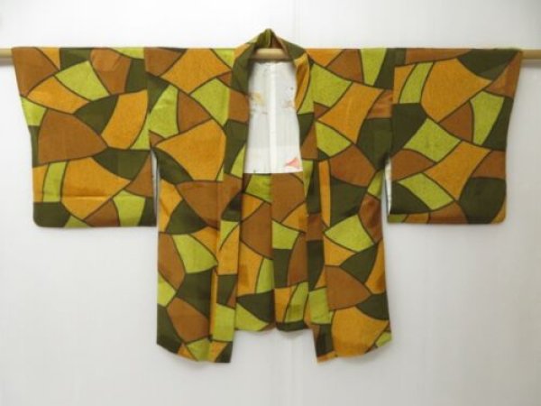 Photo6: 2314T09z540  Japanese Kimono Silk HAORI  Dark olive (6)