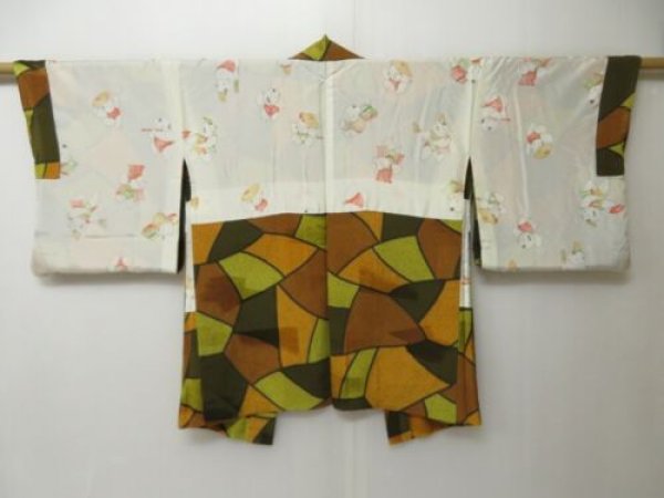 Photo7: 2314T09z540  Japanese Kimono Silk HAORI  Dark olive (7)