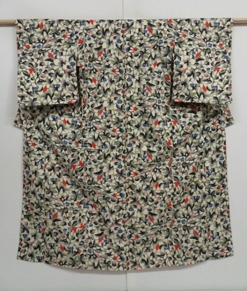 Photo1: 0928i05z720 Vintage Japanese Kimono Silk MEISEN KOMON Off-white Plants (1)