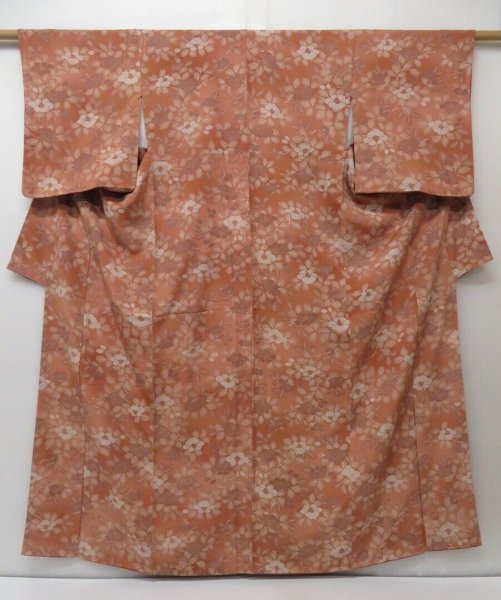 Photo2: 1614T07z940 Japanese Kimono Crepe Silk KOMON Light brown Camellia (2)