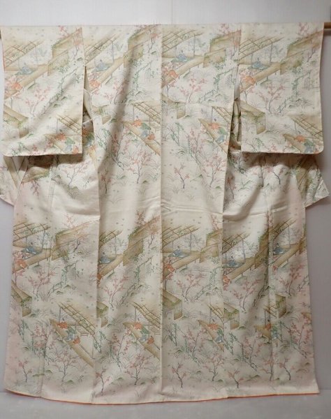 Photo1: 0621N02z940 Vintage Japanese Kimono Silk KOMON Off-white Heian era (1)