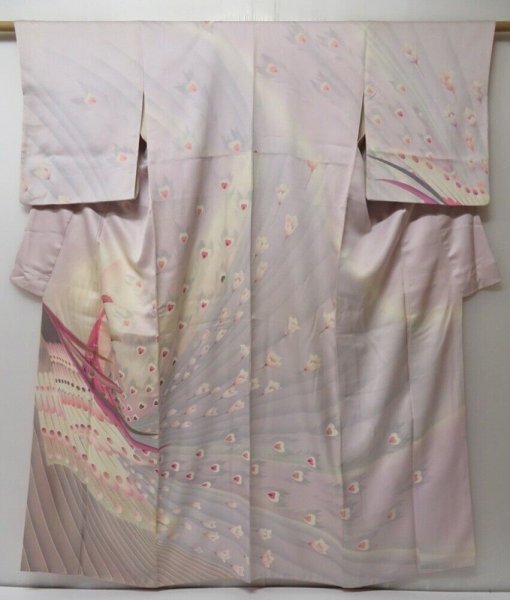 Photo1: 2203T05z940  Japanese Kimono Silk TSUKESAGE Peacock Light purple (1)