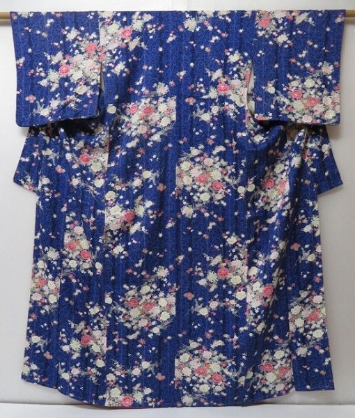 Photo1: 2207T08z930  Japanese Kimono Silk KOMON Peony Dark navy (1)