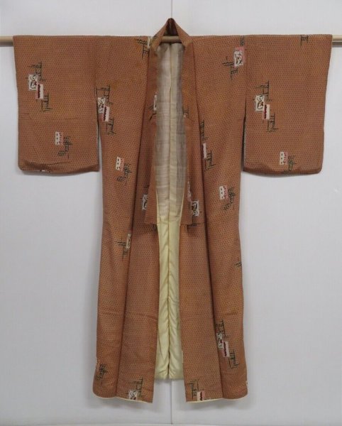 Photo7: 1005i08z400 Vintage Japanese Kimono Silk KOMON Rosybrown Flower (7)