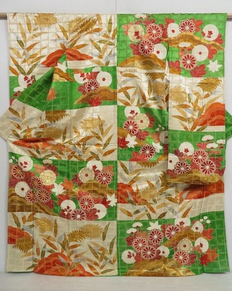 Photo1: 0922i10z1220 Vintage Japanese Kimono Silk FURISODE Off-white Flowers (1)