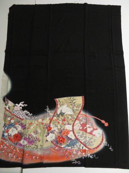 Photo5: 1Q01z200 Japanese Kimono Silk  FABRIC Black Makimono 49.6" (5)