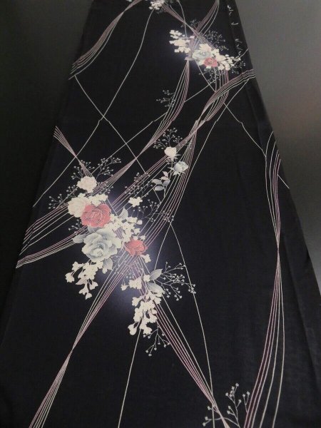 Photo5: 3B02z50 Japanese Kimono Silk  FABRIC Black-Navy Flowers 37" (5)