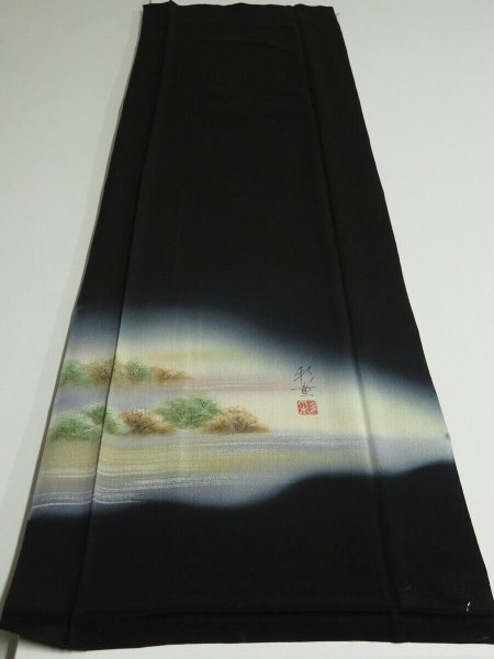 Photo7: 1Z05z80 Japanese Kimono Silk Artist work FABRIC Black Trees 44.9" (7)