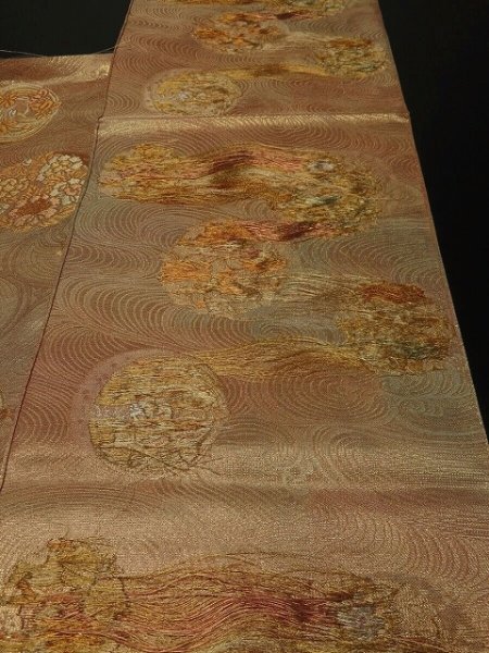 Photo8: 1E01z240 Vintage Japanese Kimono Gilt thread OBI FABRIC Gold Flowers 104.7" (8)