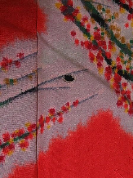 Photo9: 3L02z40 Vintage Japanese Kimono Silk MEISEN FABRIC Orangered Plum branch 50.4" (9)