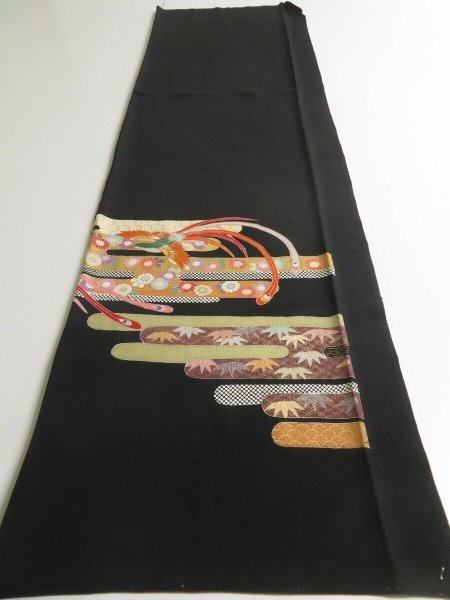 Photo5: 2F03z70 Japanese Kimono Silk  FABRIC Black Bird, Flowers 44.1" (5)