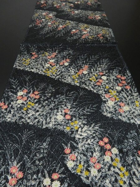Photo5: 3M01z60 Japanese Kimono Silk  FABRIC Black Flowers 37.8" (5)