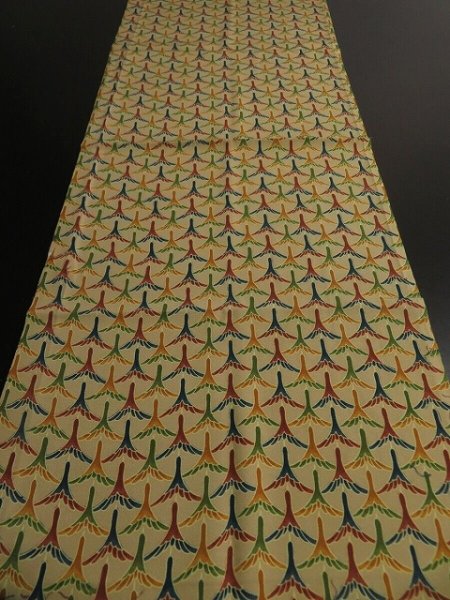 Photo5: 2P01z60 Japanese Kimono Silk  FABRIC Light ochre Flying crane 37.8" (5)