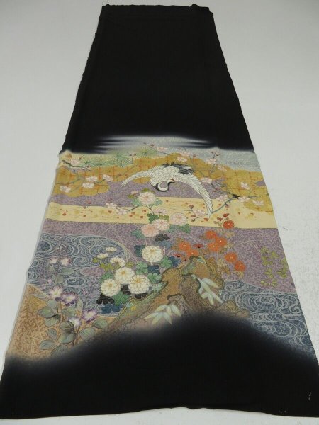 Photo6: 3M03z80 Japanese Kimono Silk Rinpa Artist work FABRIC Black Crane 44.1" (6)