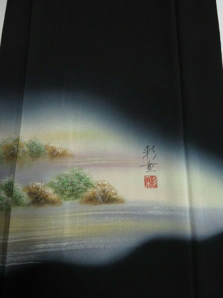 Photo1: 1Z05z80 Japanese Kimono Silk Artist work FABRIC Black Trees 44.9" (1)