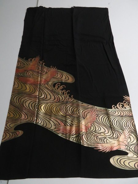 Photo6: 3K01z210 Japanese Kimono Silk Artist work FABRIC Black Rinpa crane 46.5" (6)