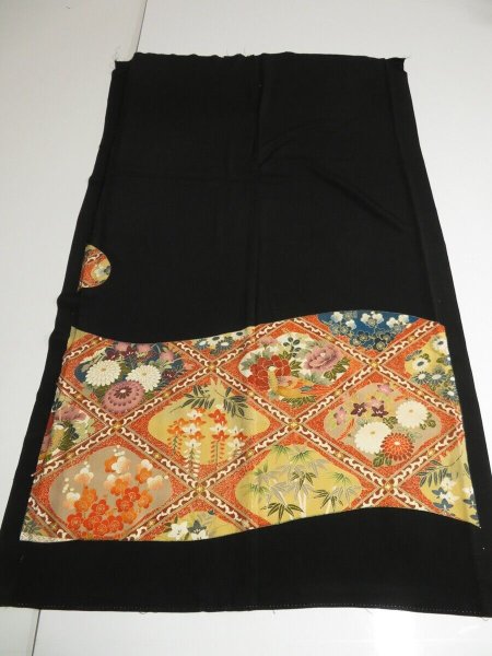 Photo6: 2M02z130 Japanese Kimono Silk  FABRIC Black Flowers, Bird 44.1" (6)