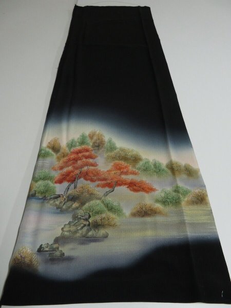 Photo6: 1Z04z80 Japanese Kimono Silk Artist work FABRIC Black Garden 44.9" (6)