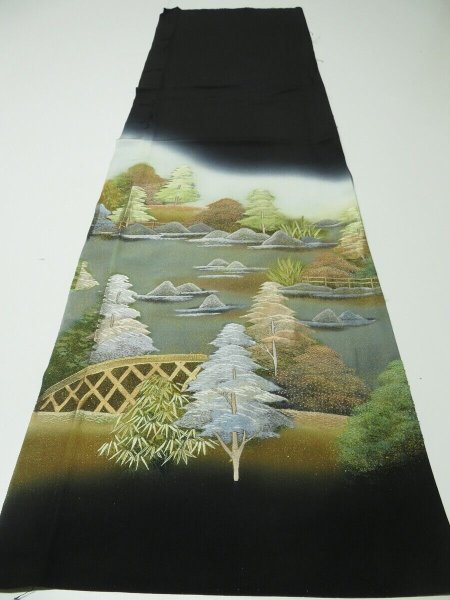 Photo6: 2T02z70 Japanese Kimono Silk Embroidery FABRIC Black Garden 48" (6)