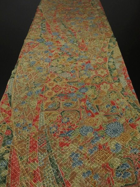 Photo5: 3M01z60 Japanese Kimono Silk  FABRIC Olive-Brown Flowers 42.5" (5)