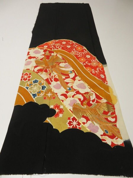 Photo5: 2U01z110 Vintage Japanese Kimono Silk  FABRIC Black Phoenix 51.2" (5)