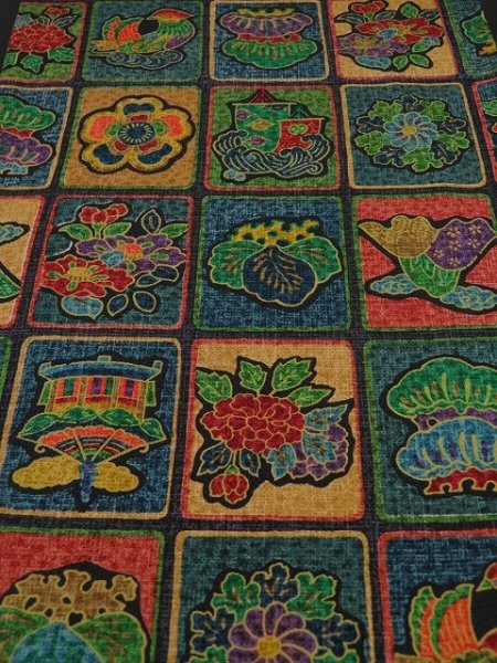 Photo2: 3M05z100 Japanese Kimono Silk  FABRIC Navy Flowers 70.1" (2)