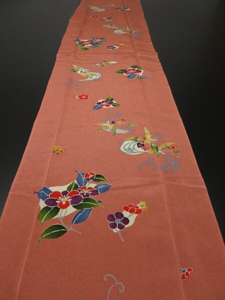 Photo5: 3P05z90 Japanese Kimono Crepe Silk  FABRIC Coral pink Bingata 60.6" (5)