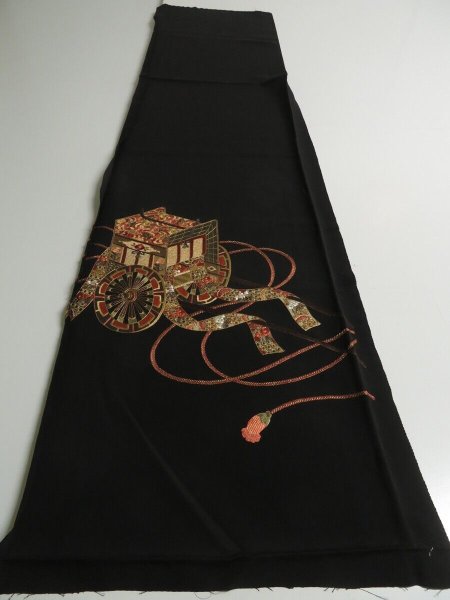 Photo6: 1F02z90 Japanese Kimono Silk Embroidery FABRIC Black Royal cart 52.8" (6)