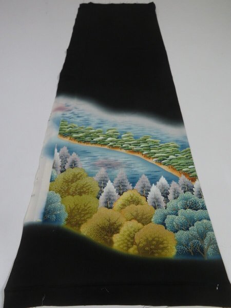 Photo6: 1G03z70 Japanese Kimono Silk  FABRIC Black Amanohashidate 47.2" (6)