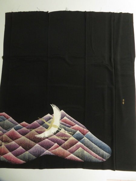 Photo6: 2Q01z230 Japanese Kimono Silk Artist work FABRIC Black Crane, Wave 46.5" (6)