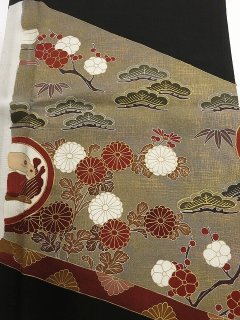 1U01z70 Vintage Japanese Kimono Silk FABRIC Black