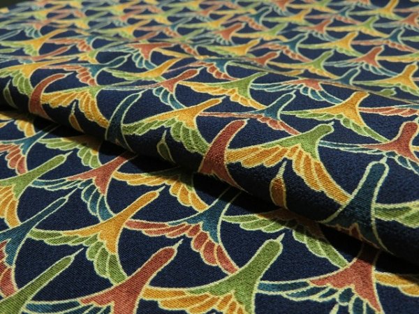 Photo4: 2B01z50 Japanese Kimono Silk  FABRIC Navy Flying crane 39.4" (4)