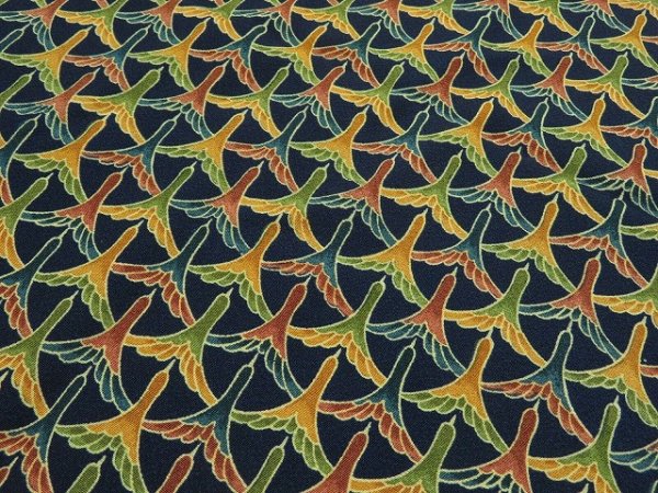 Photo2: 2B01z50 Japanese Kimono Silk  FABRIC Navy Flying crane 39.4" (2)