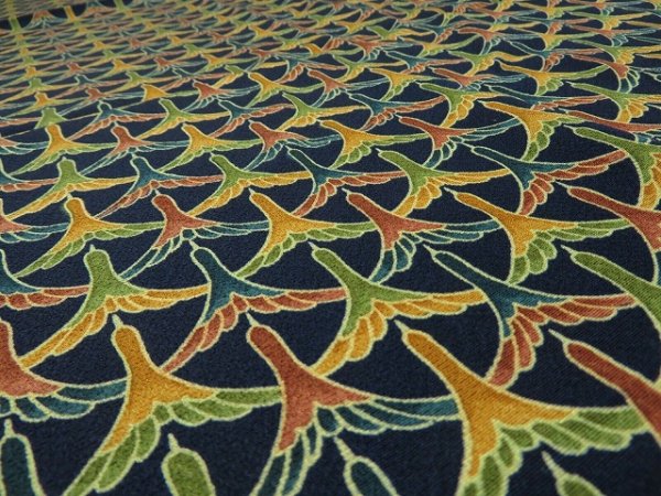 Photo3: 2B01z50 Japanese Kimono Silk  FABRIC Navy Flying crane 39.4" (3)