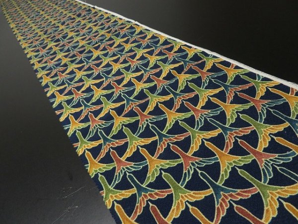 Photo1: 2B07z30 Japanese Kimono Silk  FABRIC Navy Flying crane 52.8" (1)