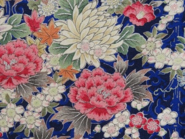 Photo6: 2207T08z930  Japanese Kimono Silk KOMON Peony Dark navy (6)