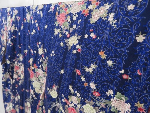 Photo2: 2207T08z930  Japanese Kimono Silk KOMON Peony Dark navy (2)