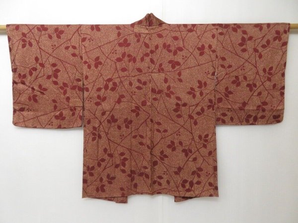 Photo1: 2108T09z550 Vintage Japanese Kimono Silk HAORI Leaf Brown (1)