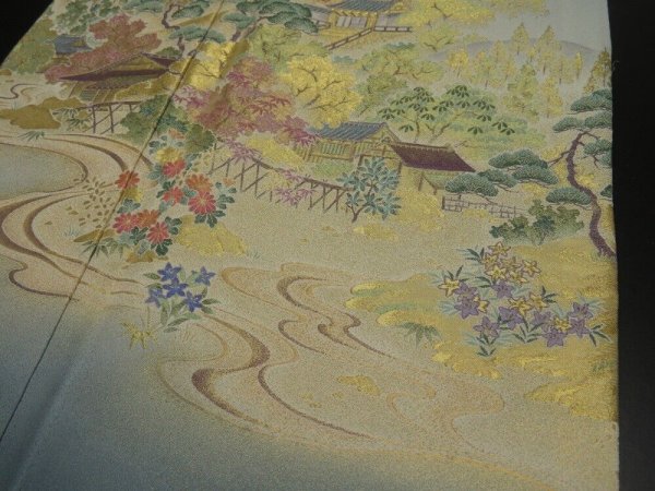 Photo3: 2T01z100  Japanese Kimono Silk  FABRIC Scenery Blue-Gray 33.9x18.9 (3)
