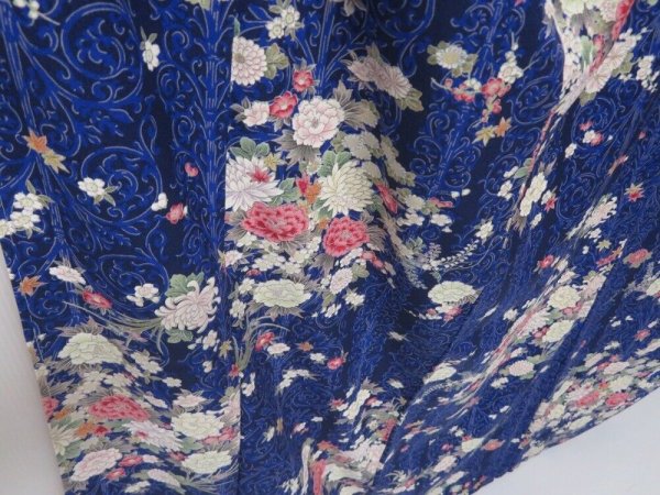 Photo3: 2207T08z930  Japanese Kimono Silk KOMON Peony Dark navy (3)