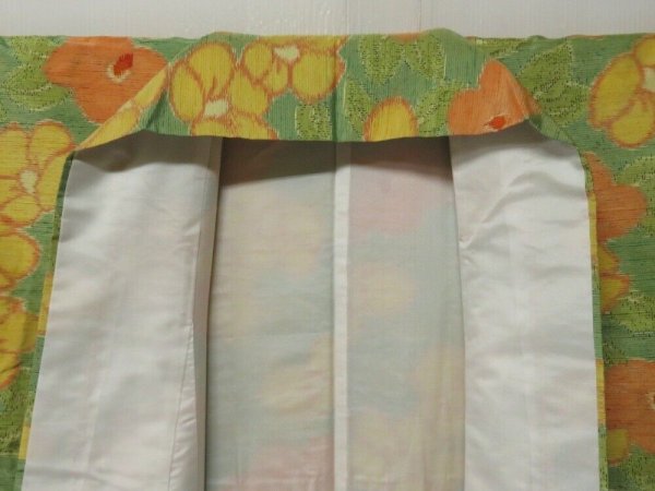 Photo7: 2107T08z820 Vintage Japanese Kimono Silk TSUMUGI Camellia Pea Green (7)