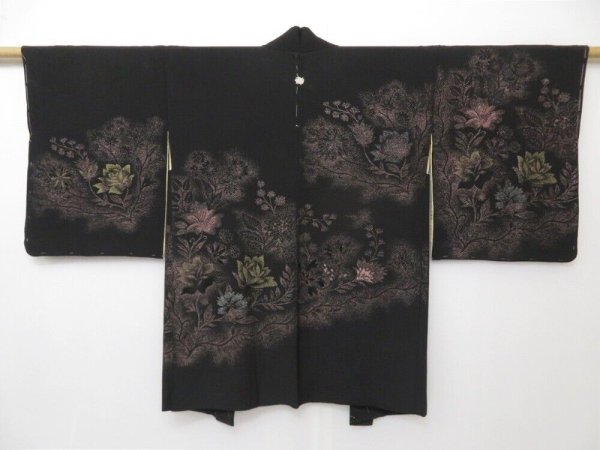 Photo1: 1620T09z690 Vintage Japanese Kimono Silk HAORI Flowers Black (1)