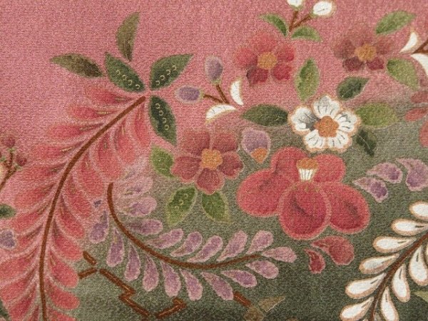 Photo8: 2206T10z1020  Japanese Kimono Silk TSUKESAGE Flowers Dark pink (8)