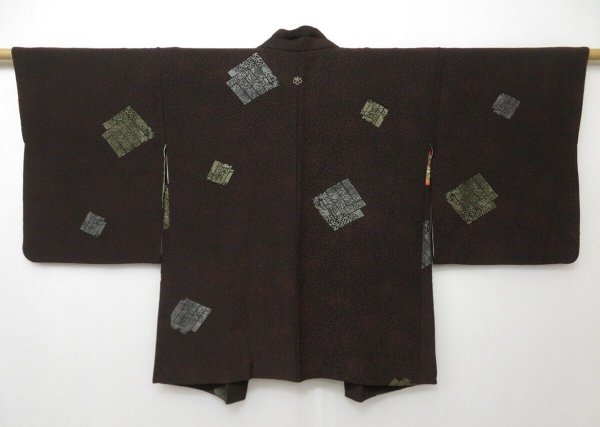 Photo1: 1403T10z660 Vintage Japanese Kimono Silk HAORI Black, Brown (1)
