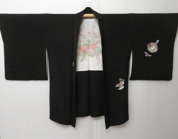 Photo6: 1102H01z620 Japanese Kimono Silk Embroidery HAORI Black Yukiwa (6)