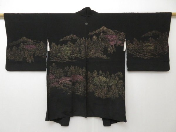 Photo1: 1317T07z590 Vintage Japanese Kimono Silk HAORI Black Temples (1)