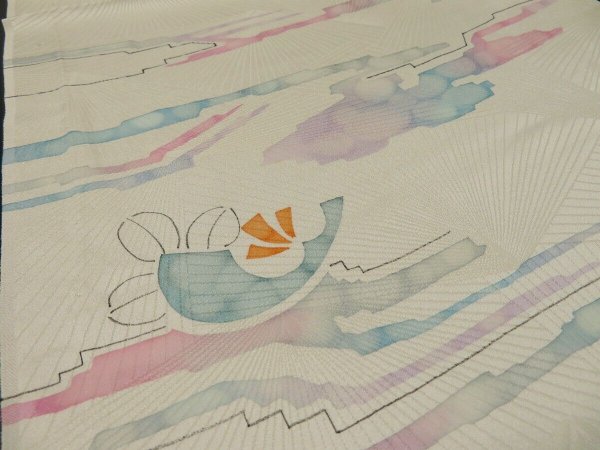 Photo2: 3Q02z60 Japanese Kimono Silk  FABRIC Off-white Camellia 40.2" (2)