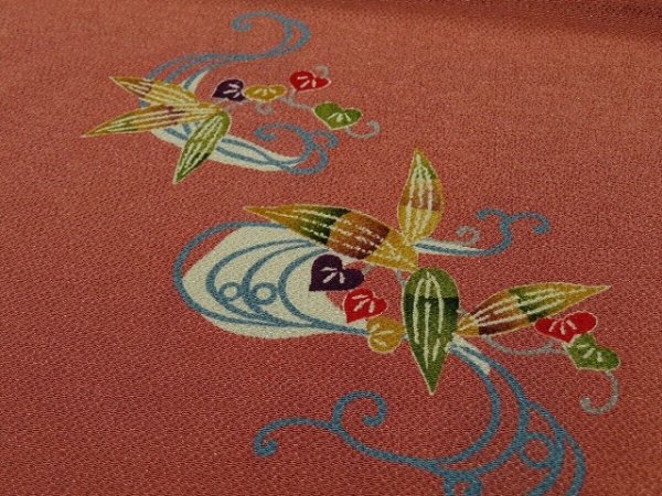 Photo3: 3P05z90 Japanese Kimono Crepe Silk  FABRIC Coral pink Bingata 60.6" (3)