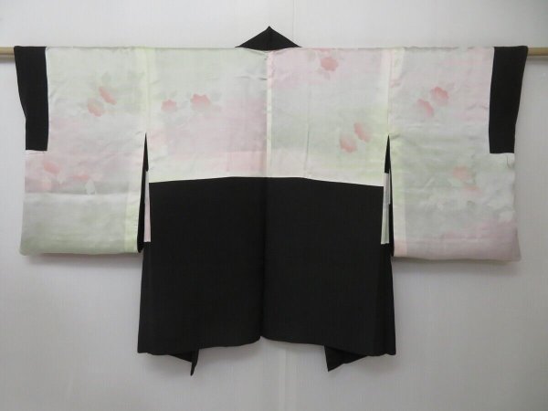 Photo6: 1615i04z590 Vintage Japanese Kimono Silk HAORI Black Plants (6)